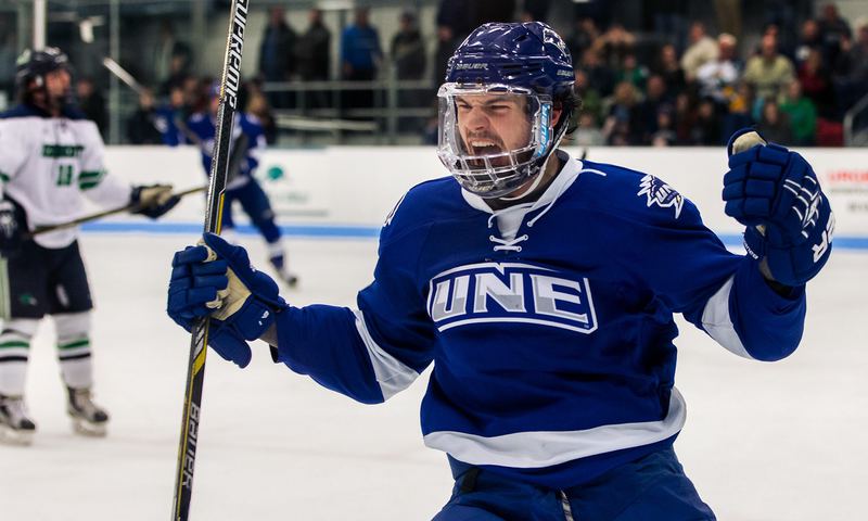 A hockey player in a blue jersey yells and throws his arms wide after a goal